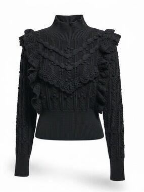 Black Crocheted Lace Ruffle Turtleneck Sweater made by Zara